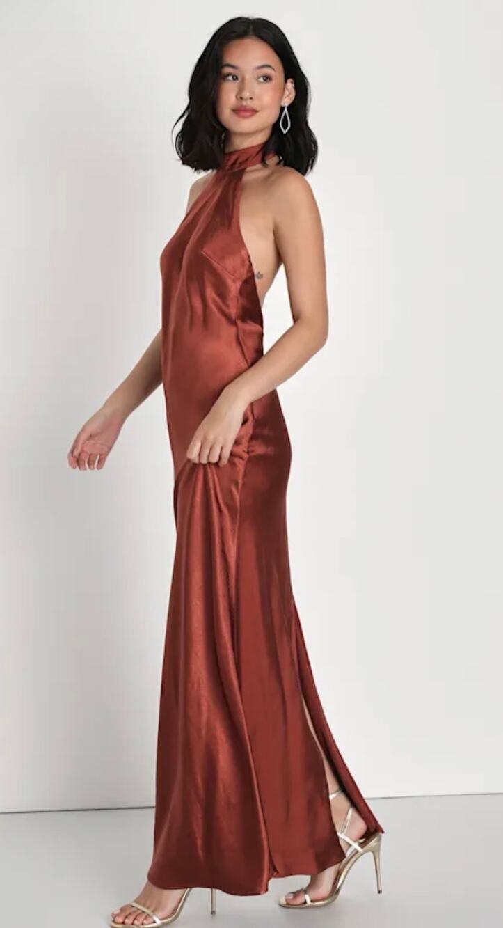 NWT! Lulus Love in Your Life Rust Brown Satin Halter Maxi Dress S